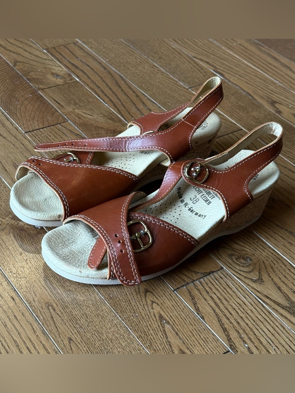 Vintage Worishofer Naturform Sandals Women 38 Leather Wedge West Germany NOS